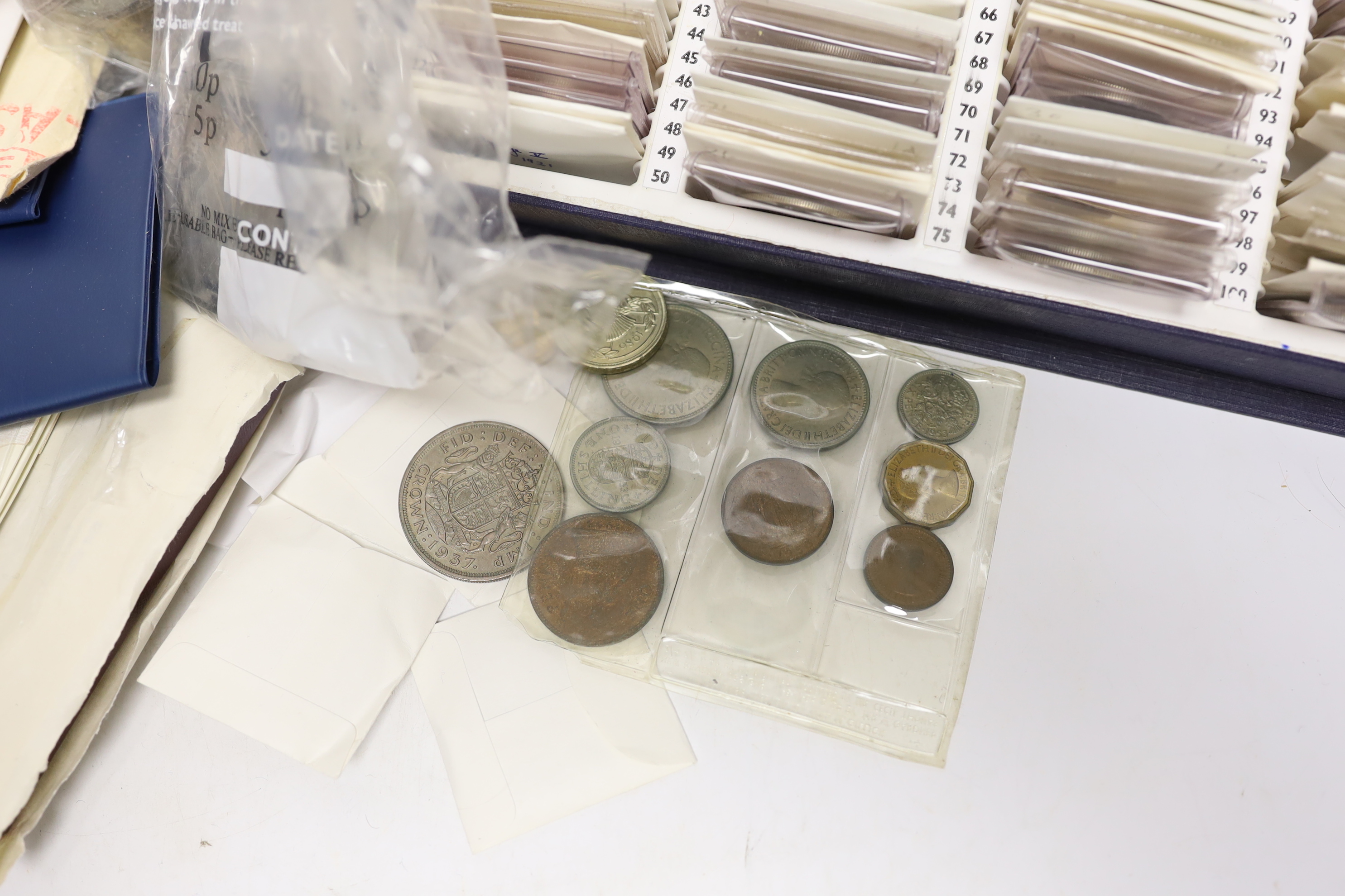 A collection of QEII commemorative crowns, mostly pre-decimal, a 1937 crown, and incomplete composed sets of George V coins, farthing to halfcrown for 1917-1934, varying grades, 1 box